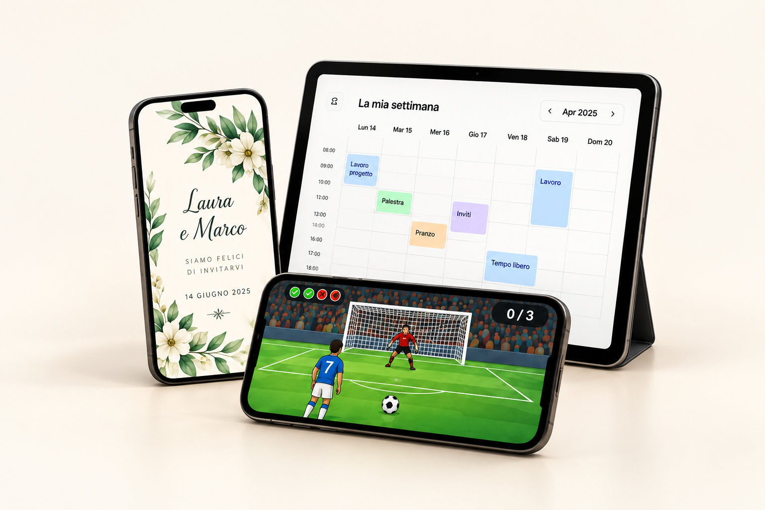 Anteprime illustrative di una partecipazione di matrimonio, un gioco di rigori e un’agenda settimanale su tre dispositivi
